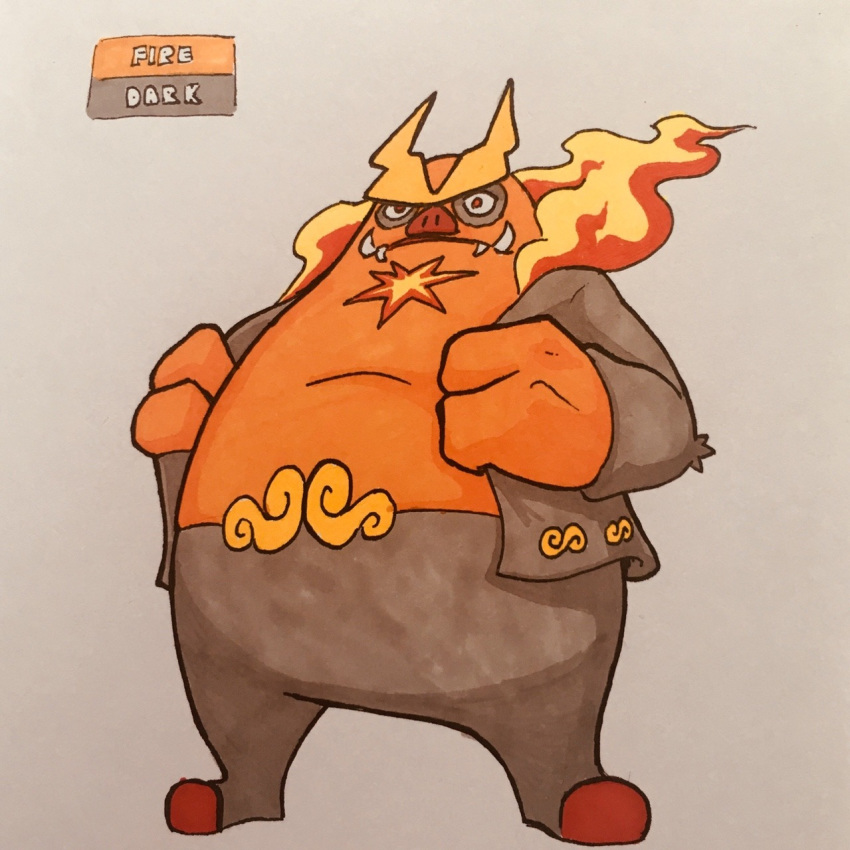 2018 2_fingers alternate_color anthro biped bottomless clothed clothing emboar english_text eye_markings eyebrows facial_hair facial_markings fak&eacute;mon featureless_crotch featureless_feet fire firefightdex flaming_mane front_view frown full-length_portrait goatee grey_body grey_markings male mammal mane marker_(artwork) markings mfanjul mixed_media multicolored_body nintendo open_clothing open_jacket orange_body overweight overweight_male pen_(artwork) pig_nose pok&eacute;mon pok&eacute;mon_(species) porcine portrait pseudo_clothing red_body red_eyes red_nose shadow simple_background socks_(marking) solo standing text toony traditional_media_(artwork) tusks unibrow video_games white_background yellow_body yellow_markings