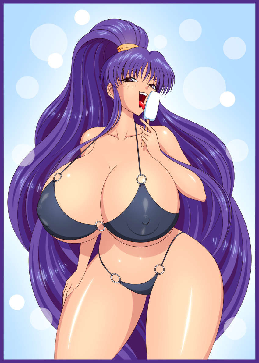 1girl akiranime bikini breasts cleavage curvy eiken erect_nipples female food huge_breasts long_hair looking_at_viewer misono_kirika open_mouth ponytail popsicle purple_eyes purple_hair shiny smile solo standing swimsuit tongue tongue_out very_long_hair wide_hips