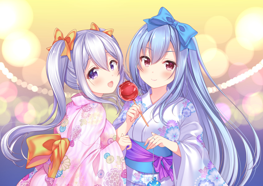 :d absurdres aoba_chise aoba_project aoba_rena blue_bow blue_hair blush bow candy_apple closed_mouth eyebrows_visible_through_hair fingernails floral_print food hair_between_eyes hair_bow hairband highres holding huge_filesize japanese_clothes kimono lavender_hair long_hair looking_at_viewer multiple_girls obi open_mouth orange_bow purple_eyes red_eyes sakura_moyon sash siblings sidelocks sisters smile twintails upper_body very_long_hair water_yoyo yukata