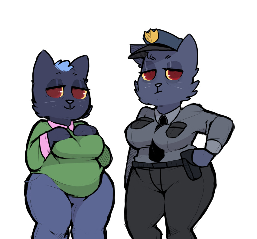 anthro big_breasts black_fur blue_fur breasts candy_borowski_(nitw) cat clothed clothing cute duo feline female fully_clothed fur hair humanoid_hands mammal mature_female molly_(nitw) night_in_the_woods pants sweater thick_thighs wide_hips wrinkles