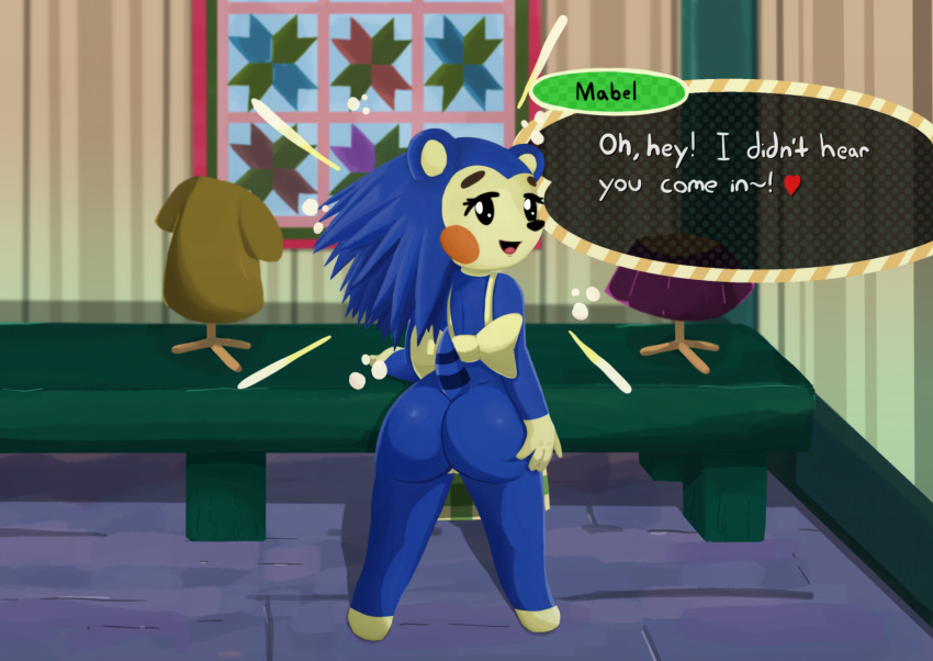 animal_crossing anthro blue_fur bottomless butt clothed clothing dialogue digital_media_(artwork) female fur hedgehog hi_res looking_at_viewer mabel_able mammal marrubi_(artist) nintendo pussy short_stack solo speech_bubble text video_games