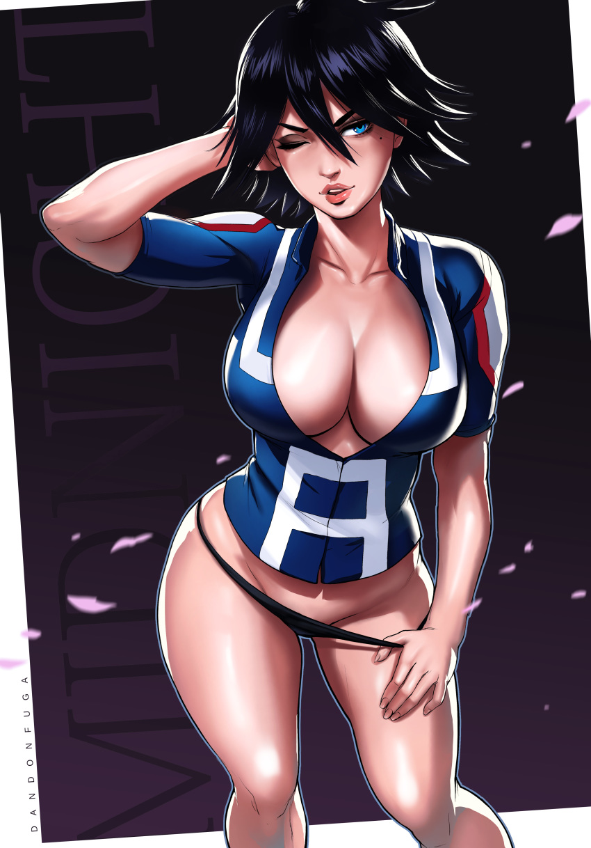 1girl arm_up artist_name bangs bare_legs beauty_mark black_hair black_panties blue_eyes boku_no_hero_academia breasts character_name cherry_blossoms cleavage dandon_fuga eyeliner eyeshadow facing_viewer gradient gradient_background groin hair_between_eyes hand_behind_head hand_in_hair hand_up highres jacket large_breasts legs legs_apart lips looking_at_viewer makeup midnight_(boku_no_hero_academia) mole mole_under_eye no_bra no_pants one_eye_closed panties panty_pull parted_lips petals pose posing seductive_smile short_hair simple_background smile solo spiked_hair standing thick_lips thighs u.a._school_uniform underwear wink younger