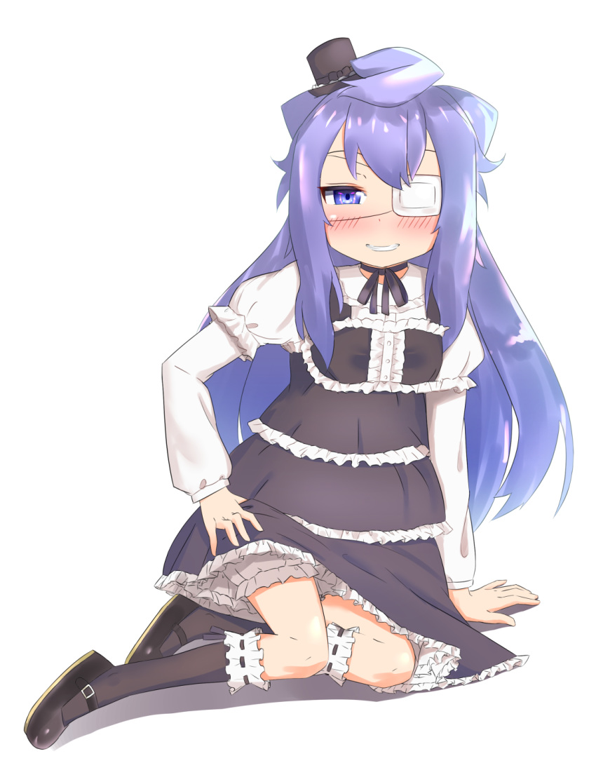 black_dress bloomers blue_hair blush dress eyepatch full_body gothic_lolita grin hacka_doll hacka_doll_3 hat highres kneehighs lolita_fashion long_hair male_focus mary_janes mini_hat mini_top_hat otoko_no_ko pajhmh purple_eyes shoes smile top_hat underwear