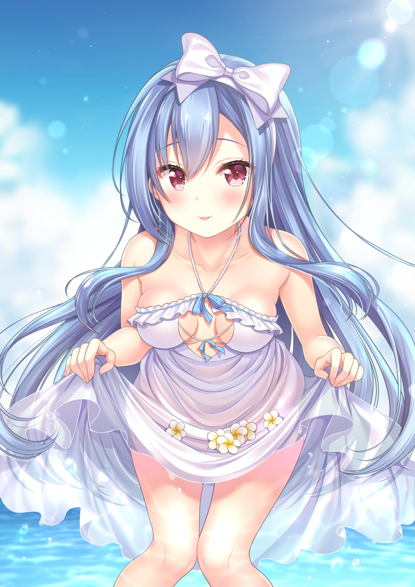 absurdres aoba_project aoba_rena bare_arms bare_shoulders blue_hair blue_sky bow breasts breasts_apart cleavage_cutout collarbone day dress eyebrows_visible_through_hair fingernails hairband halter_dress halterneck highres huge_filesize knees_together_feet_apart leaning_forward lens_flare long_hair looking_at_viewer medium_breasts parted_lips plumeria red_eyes sakura_moyon see-through sidelocks skirt_basket skirt_hold sky smile solo standing sundress very_long_hair wading water water_drop white_bow white_dress