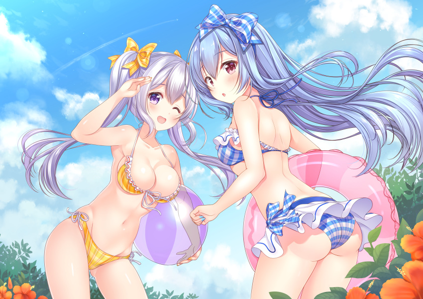 :o ;d absurdres aoba_chise aoba_project aoba_rena ass ass_visible_through_thighs ball bikini bikini_skirt blue_bikini blue_bow blue_hair blue_nails blue_sky blush bow breasts cleavage cloud collarbone condensation_trail cowboy_shot day eyebrows_visible_through_hair flower frilled_bikini frills front-tie_bikini front-tie_top hair_between_eyes hair_bow hairband hand_up hibiscus highres holding holding_ball huge_filesize innertube lavender_hair leaning_forward lens_flare long_hair looking_at_viewer looking_back medium_breasts multiple_girls nail_polish navel one_eye_closed open_mouth orange_bikini orange_bow orange_nails outdoors plaid plaid_bikini plaid_bow purple_eyes red_eyes sakura_moyon siblings side-tie_bikini sisters sky small_breasts smile standing striped striped_bow swimsuit twintails very_long_hair