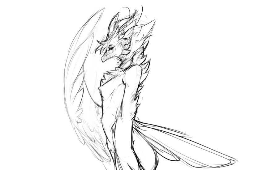 anthro avian beak bird blush breasts butt chest_tuft crest female invalid_tag looking_at_viewer nude scar shy small_breasts solo tuft watsup wings