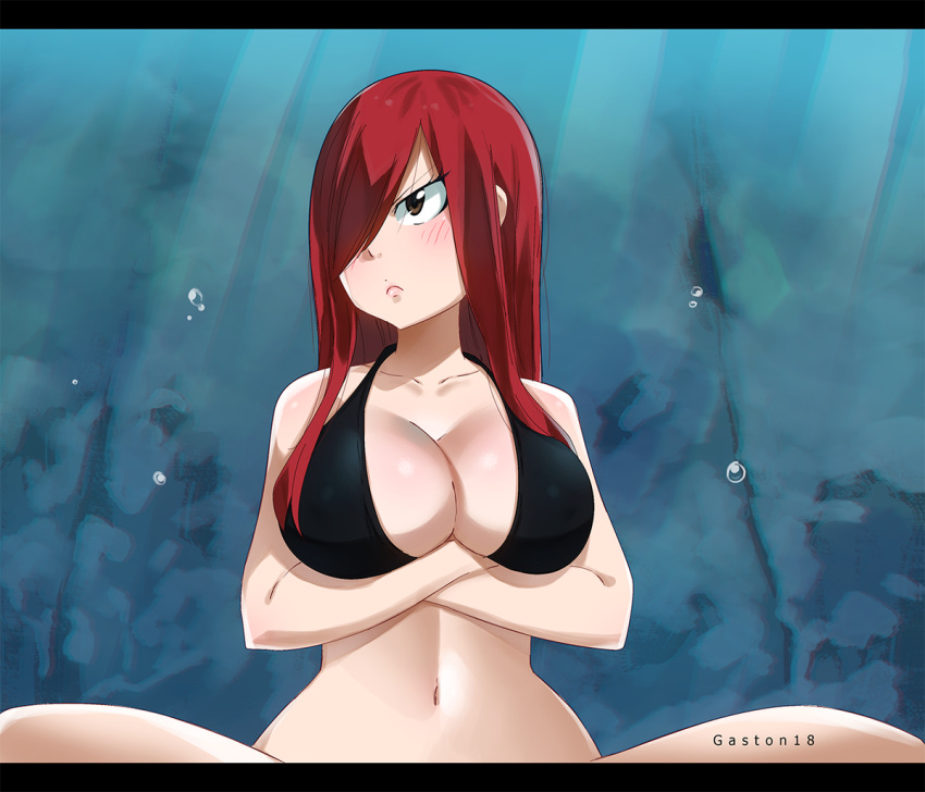 1girl breasts brown_eyes cleavage collarbone erza_scarlet fairy_tail gaston18 hair_over_one_eye large_breasts long_hair navel red_hair