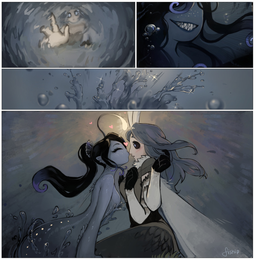 air_bubble artist_name black_hair black_sclera blue_skin bubble closed_eyes comic freckles fur_collar gills grey_hair head_fins heart highres kiss long_hair matilda_vin monster_girl moth_girl moth_wings mother_lumi multiple_arms multiple_girls nose_kiss original ponytail sharp_teeth silent_comic teeth water wings