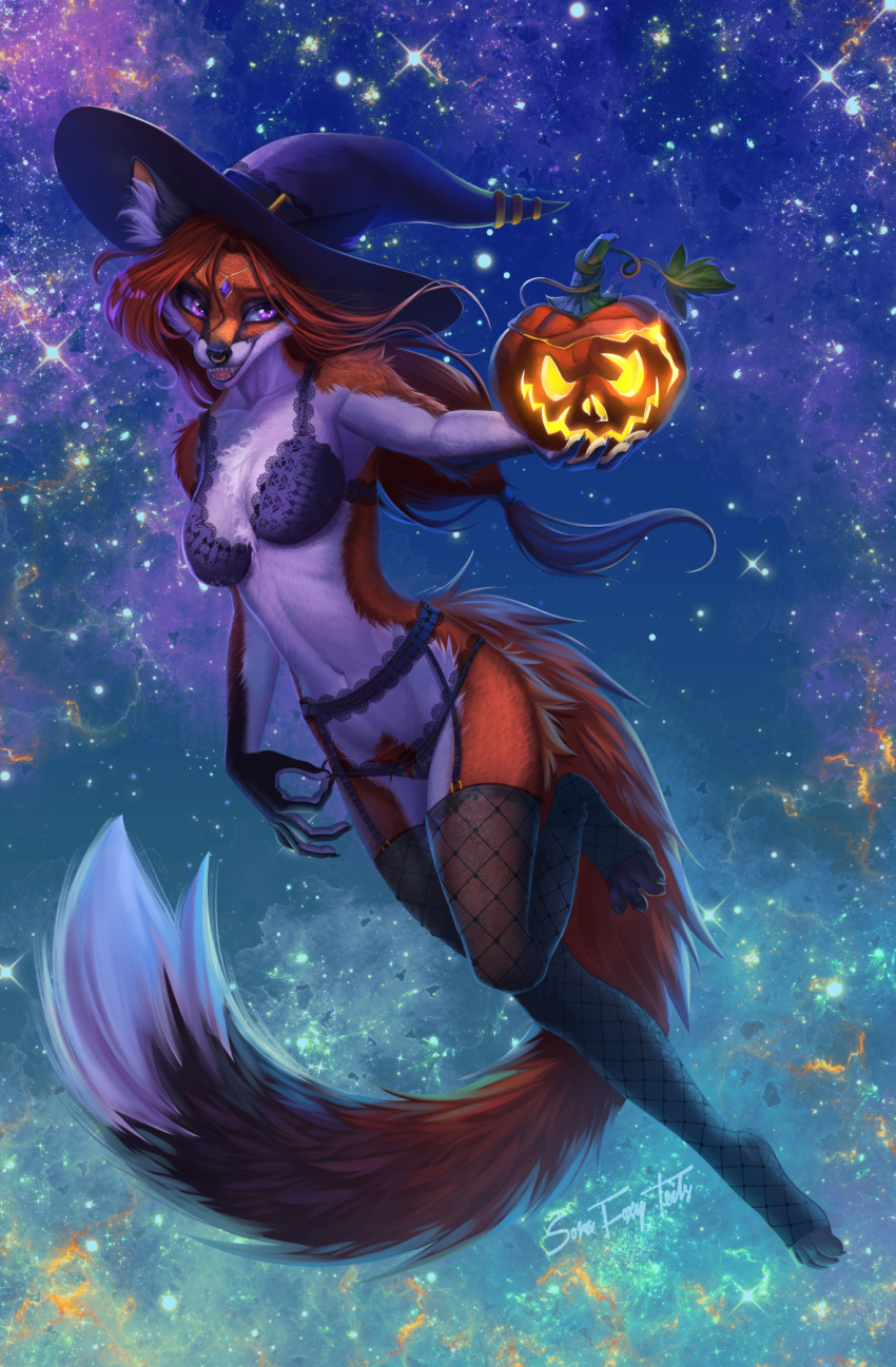 4_toes 5_fingers anthro biped black_ears black_eyebrows black_nose black_tail bra breasts canine clothed clothing dipstick_tail ear_tuft eyebrows facial_piercing female fishnet fishnet_legwear fluffy fluffy_tail food fox fox_tail fruit fur garter_belt garter_straps hair halloween hat holding_object holidays jack-o'-lantern legwear lingerie long_hair long_tail magic_user mammal multicolored_fur multicolored_tail navel night nose_piercing open_mouth orange_fur orange_hair orange_pubes orange_tail outside panties piercing pubes pumpkin purple_eyes red_fox skimpy sky small_breasts solo sorafoxyteils star starry_sky stockings teeth thigh_highs tied_hair toes tongue tuft two_tone_fur underwear white_fur white_tail witch witch_hat
