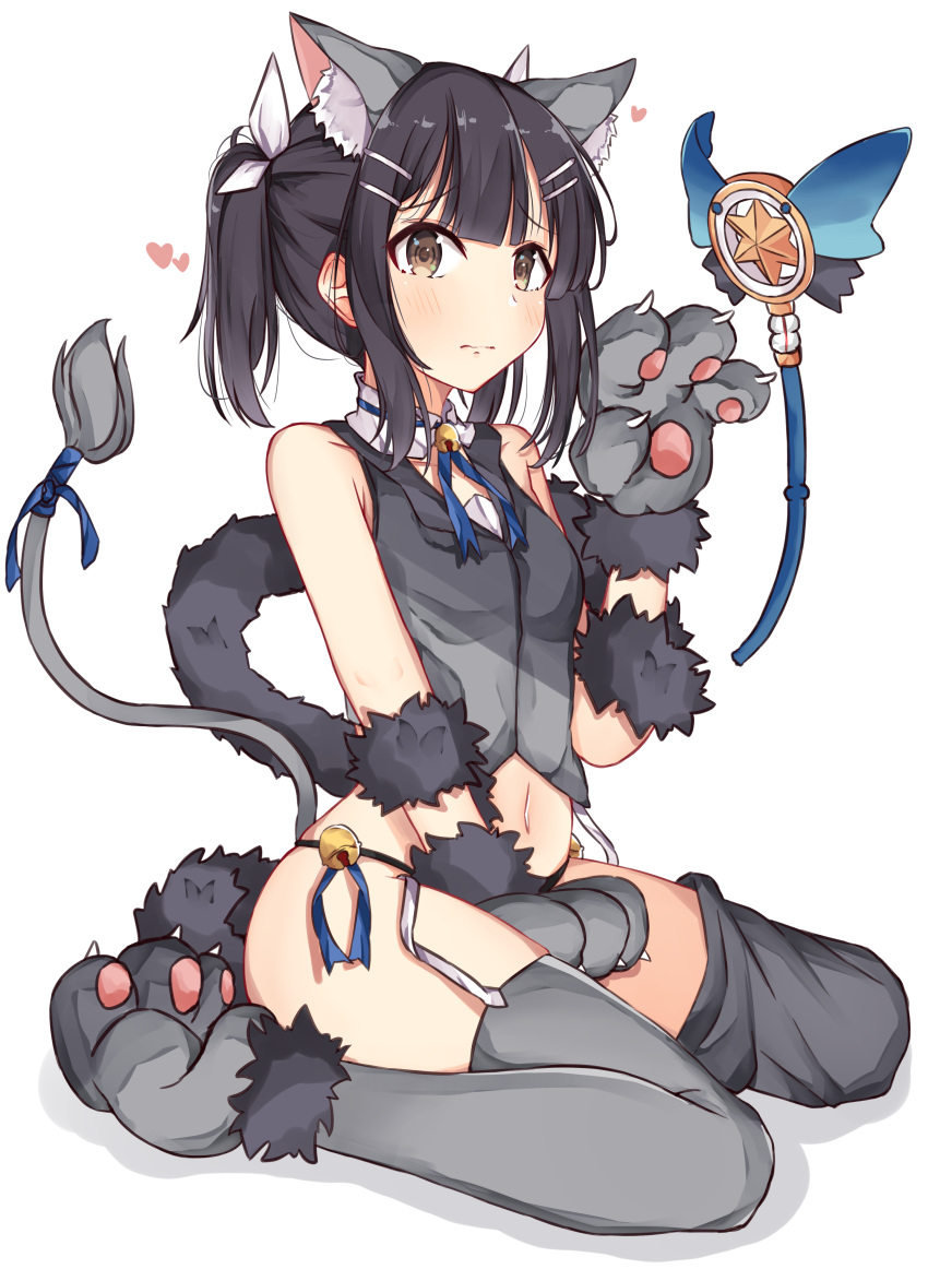 1girl absurdres animal_ears bangs bare_shoulders bell black_hair black_panties blue_ribbon blush breasts brown_eyes cat_ears cat_paws cat_tail commentary_request crop_top detached_collar fate/kaleid_liner_prisma_illya fate_(series) feathers fur_trim gloves grey_gloves grey_legwear hair_feathers hair_ornament hairclip highres hips jingle_bell kaleidostick long_hair looking_at_viewer magical_sapphire miyu_edelfelt navel neck_ribbon norazura open_mouth panties paw_gloves paw_shoes paws ribbon shoes simple_background sitting small_breasts solo tail thighhighs thighs twintails underwear wand wariza white_background