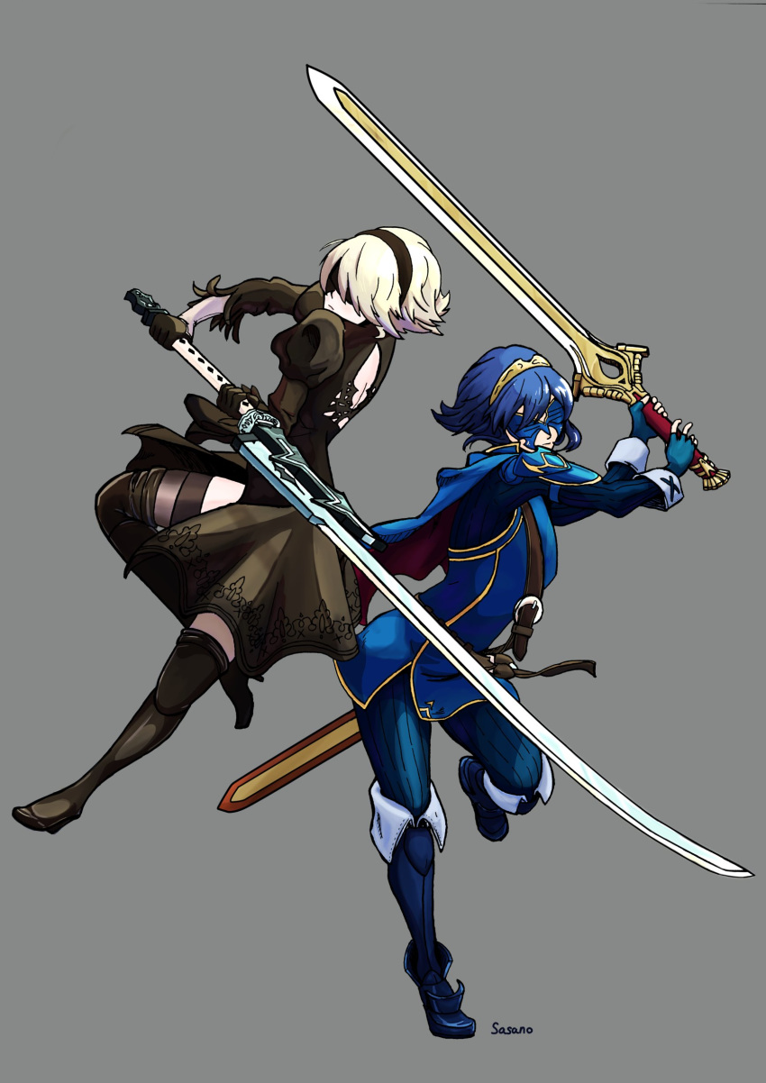 2girls absurdres android armor back_cutout black_blindfold black_dress black_hairband blindfold blue_hair boots cape covered_eyes dangoyan dress falchion_(fire_emblem) feather-trimmed_sleeves fingerless_gloves fire_emblem fire_emblem:_kakusei fire_emblem_heroes gloves hairband high_heel_boots high_heels highleg highleg_leotard highres juliet_sleeves leotard long_sleeves lucina marth_(fire_emblem:_kakusei) mask mole mole_under_mouth multiple_girls nier_(series) nier_automata nintendo puffy_sleeves reverse_trap short_hair silver_hair super_smash_bros. super_smash_bros._ultimate sword thigh_boots thighhighs thighhighs_under_boots tiara vambraces weapon white_hair white_leotard yorha_no._2_type_b