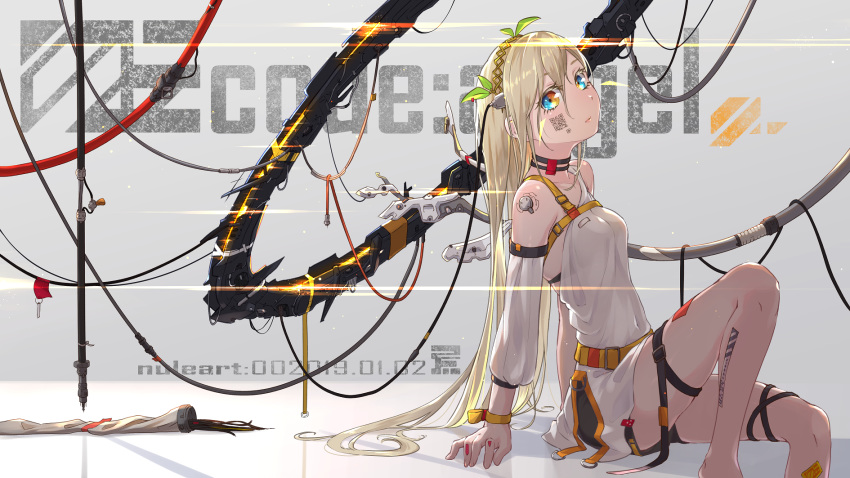 1girl armband bare_shoulders blonde_hair blue_eyes cable choker cybernetic_parts cyberpunk detached_sleeves dress expressionless eyebrows_visible_through_hair hairband highres long_hair looking_at_viewer mechanical_halo mechanical_wings multicolored multicolored_eyes nule3309 orange_eyes original qr_code science_fiction sitting solo tattoo thigh_strap white_dress wings