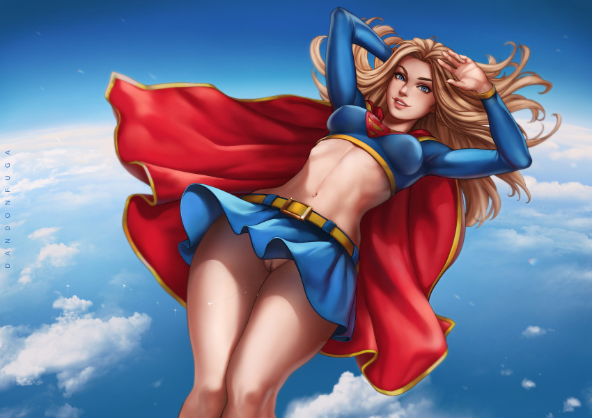 1girl absurdres armpits arms_up artist_name bare_legs belt blonde_hair blue_eyes blue_skirt breasts cape clouds crop_top dandon_fuga day dc_comics eyeliner eyeshadow floating_hair flying groin highres legs legs_together long_hair looking_at_viewer makeup medium_breasts midair midriff miniskirt navel no_panties outdoors parted_lips pussy pussy_juice red_cape skirt sky smile solo stomach supergirl superhero superman_(series) teeth thighs uncensored upskirt wet wind
