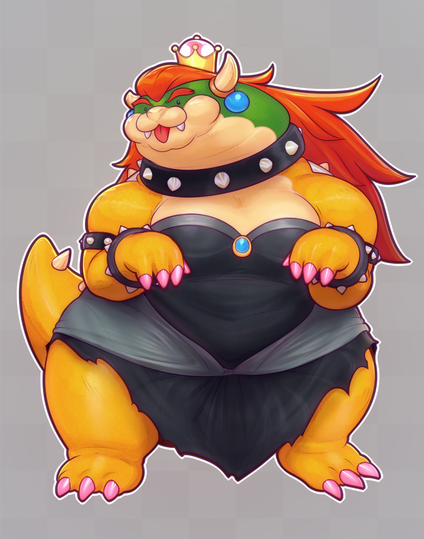 anthro barefoot black_clothing bowser bowsette_meme breasts clothed clothing colored_nails derek_hetrick dress female green_scales hair koopa mario_bros nintendo orange_hair pink_nails royalty scales scalie super_crown tongue tongue_out video_games what yellow_scales