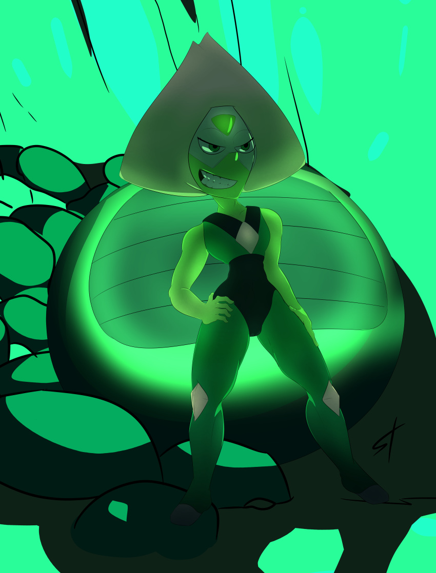 2018 alien anthro cartoon_network clothed clothing digital_media_(artwork) female gem_(species) hair hand_on_hip humanoid mammal navel not_furry peridot simple_background smile solo standing standing_tough steven_universe