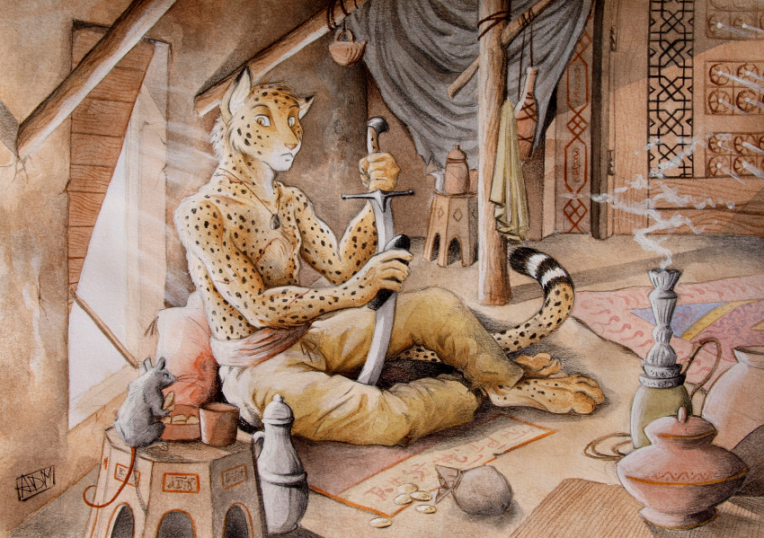 0laffson 2014 anthro barefoot cheetah clothed clothing detailed_background duo feline feral holding_object holding_weapon male mammal melee_weapon rat rodent sitting sword topless traditional_media_(artwork) weapon