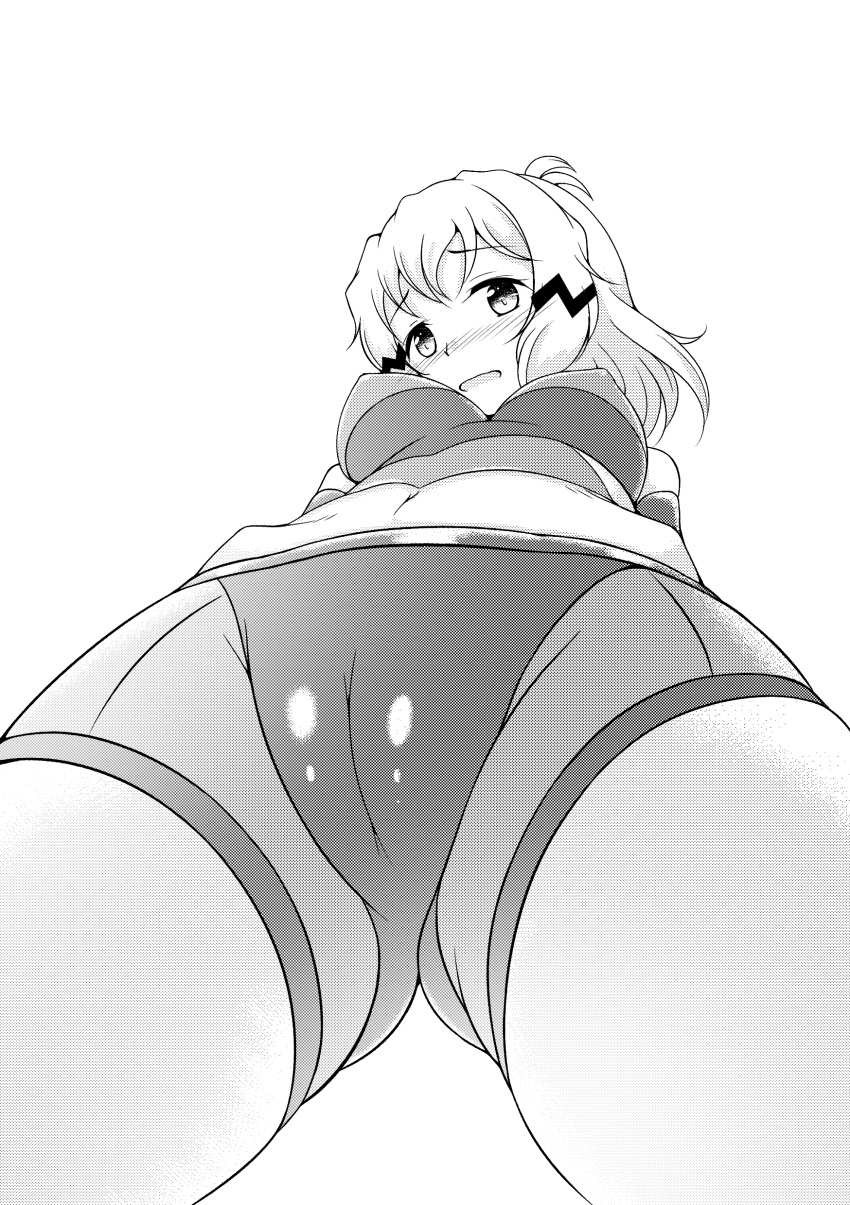 absurdres aimo_(aimo1214) blush breasts cameltoe covered_nipples greyscale highres large_breasts looking_at_viewer looking_down midriff monochrome navel open_mouth senki_zesshou_symphogear smile solo tachibana_hibiki_(symphogear)