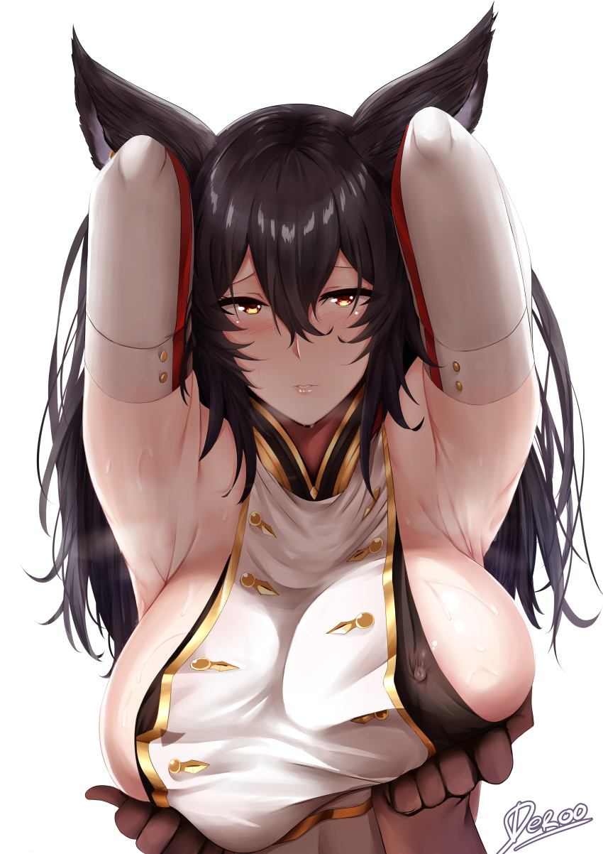 1girl absurdres animal_ears armpits arms_up artist_name black_hair blush breast_lift breasts commentary_request deroo elbow_gloves erect_nipples erune gloves granblue_fantasy hair_between_eyes highres ilsa_(granblue_fantasy) large_breasts long_hair looking_at_viewer red_eyes simple_background sleeveless solo_focus sweat upper_body white_background