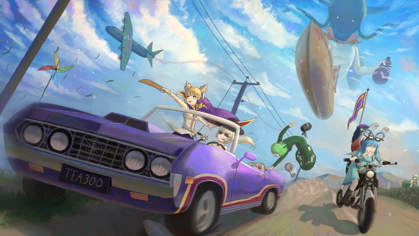 aircraft airplane airship alternate_headwear artist_name blue_sky boots cape car cloud convertible day dirt_road ex-keine eyewear_on_head ford ford_torino ghost_tail giantess grass ground_vehicle hat_loss highres holding_on ibuki_suika kaku_seiga kamishirasawa_keine kurodani_yamame miyako_yoshika mononobe_no_futo motor_vehicle motorcycle mountain multiple_girls palanquin_ship pinwheel silk sky smoke_trail soga_no_tojiko spider_web sunglasses teasmacker telephone_pole touhou toyosatomimi_no_miko when_you_see_it