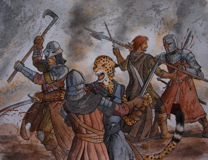 0laffson 2015 5_fingers anthro axe blood cheetah clothed clothing feline group holding_object holding_weapon human mammal melee_weapon open_mouth sword teeth tongue traditional_media_(artwork) weapon