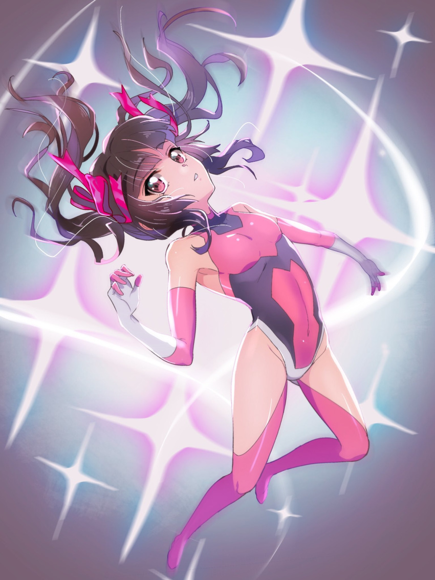 bangs bodysuit brown_hair commentary_request covered_navel detached_sleeves diffraction_spikes dress eyebrows_visible_through_hair full_body hair_ribbon headgear highres leaning_back leotard looking_at_viewer motion_blur parted_bangs parted_lips pink_dress pink_leotard pink_ribbon ribbon senki_zesshou_symphogear sleeveless solo standing standing_on_one_leg tatsuki_(pizza_no_tempra) thighhighs tsukuyomi_shirabe twintails window