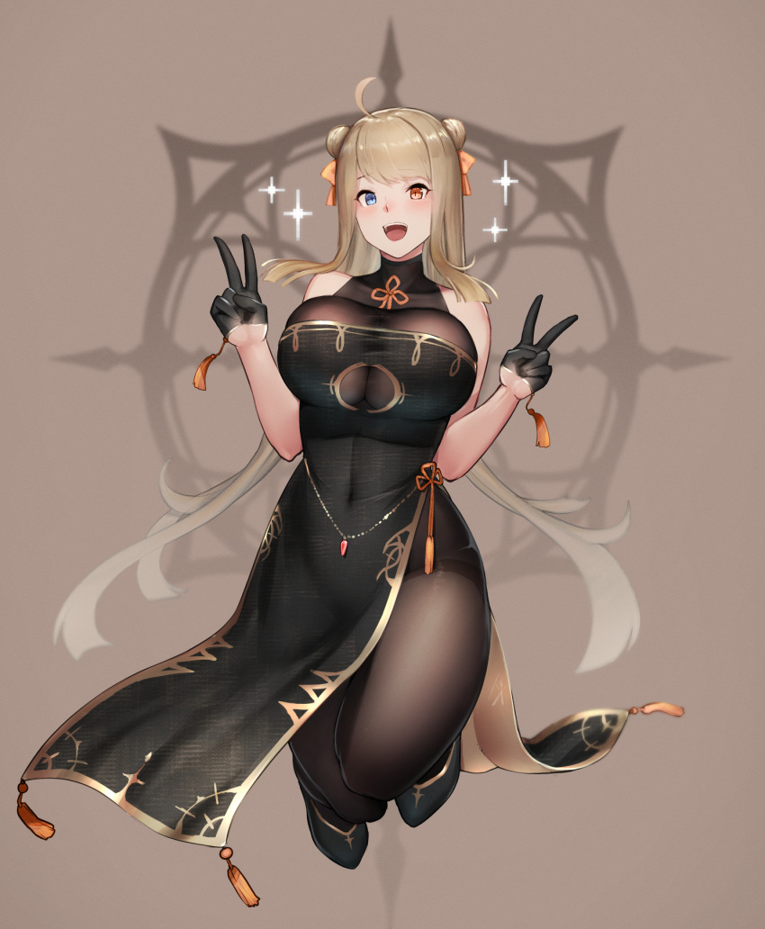 :d ahoge bangs bare_shoulders belly_chain black_dress black_footwear black_legwear blonde_hair bow breasts covered_navel double_bun double_v dress full_body gloves hair_bow half_gloves hayabusa heterochromia highres jewelry jumping large_breasts looking_at_viewer open_mouth orange_bow original pantyhose pelvic_curtain red_eyes see-through smile solo sparkle strapless strapless_dress swept_bangs thighband_pantyhose turtleneck underboob_cutout v