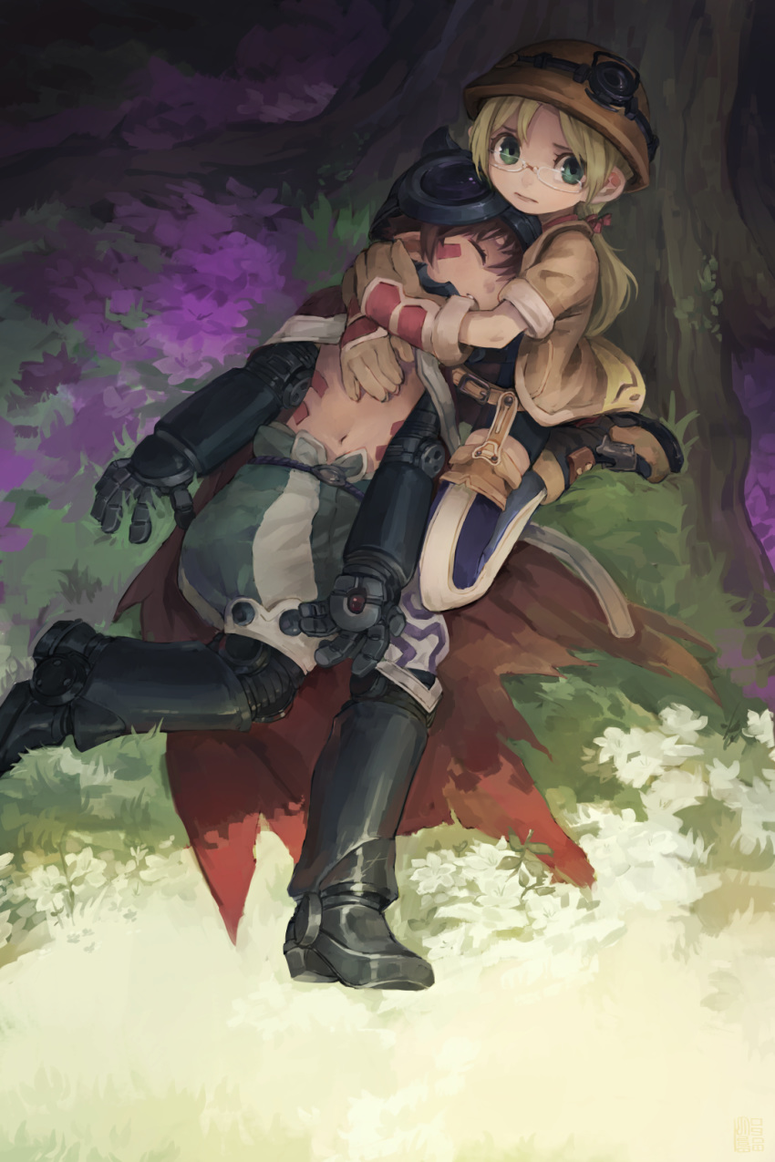 1girl blonde_hair boots brown_gloves brown_hair brown_hat brown_jacket cape closed_eyes closed_mouth facial_mark flower from_above glasses gloves grass green_eyes hat helmet highres hug jacket long_hair looking_at_viewer low_twintails lying made_in_abyss mim navel on_ground on_side parted_lips pointy_ears regu_(made_in_abyss) riko_(made_in_abyss) rimless_eyewear short_sleeves sitting tree twintails