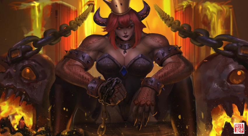 1girl bowsette breasts chains choker cleavage female fingernails horns large_breasts looking_at_viewer mario_(series) muscle muscular_female new_super_mario_bros._u_deluxe nintendo rapixer red_eyes red_hair scales solo super_crown super_mario_bros