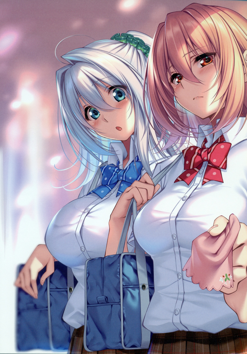 amakano_~second_season~ aqua_eyes bag blue_bow blue_neckwear blurry blurry_background bow bowtie breasts brown_eyes brown_hair buttons character_request closed_mouth fingernails green_scrunchie hair_ornament hair_scrunchie handkerchief highres holding large_breasts lips long_hair looking_at_viewer multiple_girls piromizu polka_dot polka_dot_bow polka_dot_neckwear polka_dot_scrunchie red_bow red_neckwear scan school_bag school_uniform scrunchie shiny shiny_hair short_sleeves skirt striped striped_bow striped_neckwear suzurikawa_euphrasie_ruika