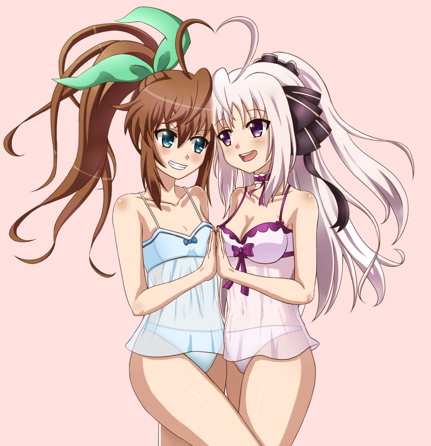 2girls blue_eyes blue_panties blush breasts brown_hair fuuka_reventon honghuo_renyang lingerie looking_at_another lyrical_nanoha medium_breasts multiple_girls panties pink_panties purple_eyes rinne_berlinetta smile underwear vivid_strike! white_hair yuri