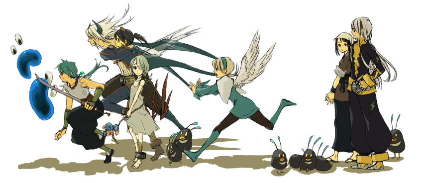 angel_wings bad_id bad_pixiv_id blonde_hair blue_hair breath_of_fire breath_of_fire_iv breath_of_fire_v crossover dress fou-lu gloves horns long_hair mami_(breath_of_fire) monster multiple_boys multiple_girls nina_(breath_of_fire_iv) nina_(breath_of_fire_v) pantyhose pointy_ears red_wings ryuu_(breath_of_fire_iv) ryuu_(breath_of_fire_v) short_hair sword weapon white_dress white_hair white_wings wings