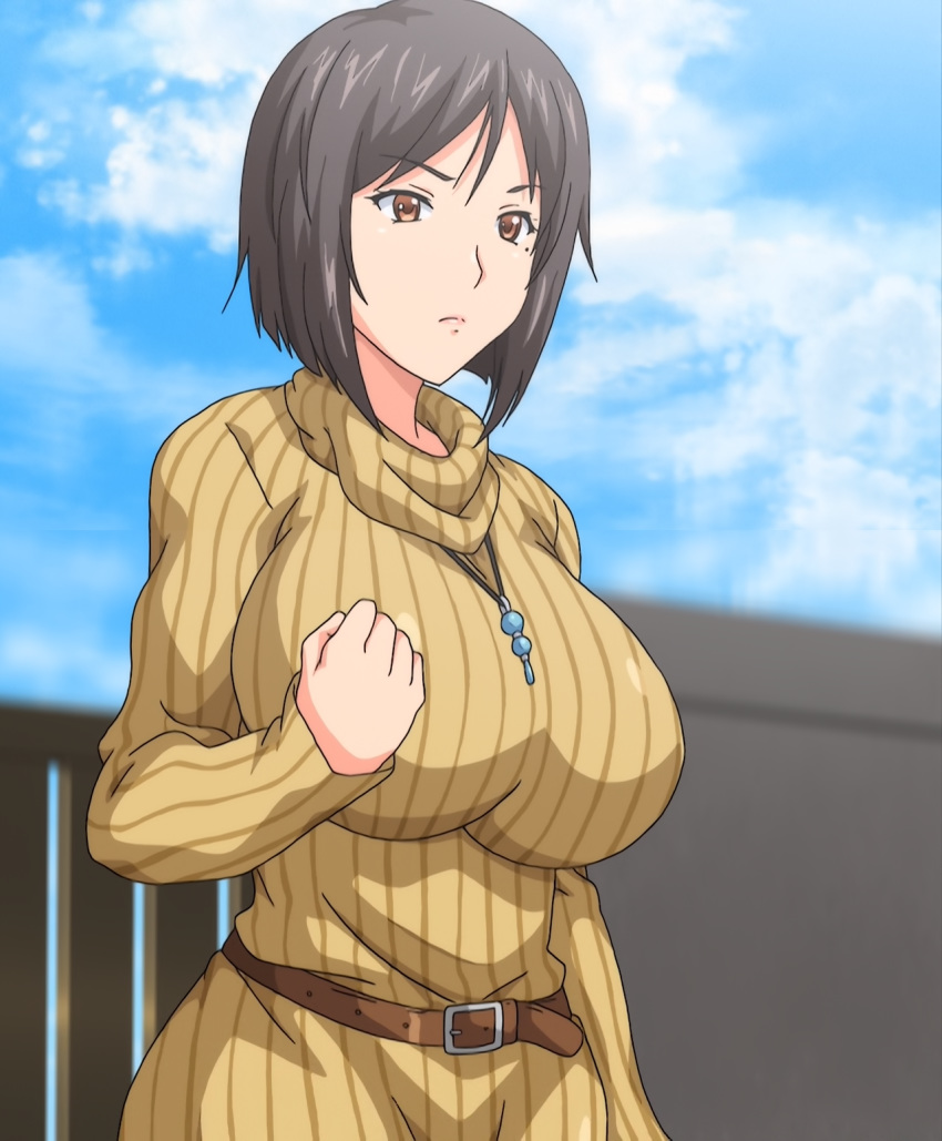 1girl breasts brown_dress brown_eyes brown_hair dress large_breasts mole mole_under_eye short_hair stitched third-party_edit
