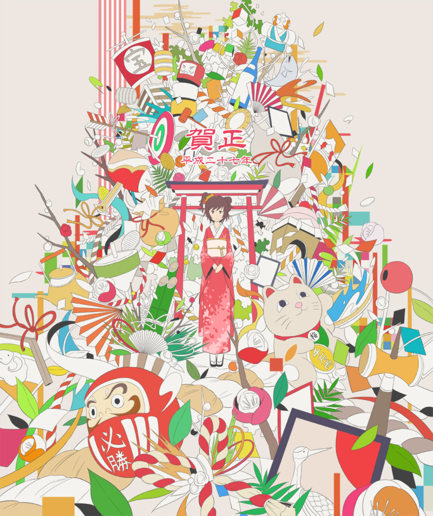 arrow black_eyes bottle brown_hair closed_mouth cube cup daruma_doll ema fan fish flat_color flower folding_fan furisode gold gourd hagoita hanafuda hanetsuki hebitsukai highres japanese_clothes kadomatsu kagami_mochi kendama kettle kimono koban_(gold) kouhaku_nawa leaf looking_at_viewer mallet maneki-neko miracle_mallet new_year obi original paddle red_kimono sakazuki sandals sash scrunchie sheep ship short_hair spinning_top standing target torii translation_request tree watercraft wine_bottle