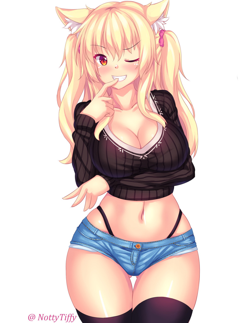 ;d animal_ears ass_visible_through_thighs black_legwear black_panties blonde_hair blush breasts cat_ears cleavage commentary crop_top denim denim_shorts english_commentary eyebrows_visible_through_hair fast-runner-2024 finger_to_mouth highleg highleg_panties highres large_breasts long_hair looking_at_viewer one_eye_closed open_mouth original panties red_eyes short_shorts shorts simple_background slit_pupils smile solo standing teeth thighhighs tiffy twintails twitter_username underwear white_background