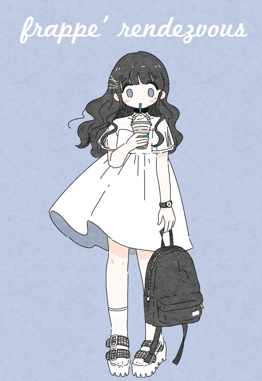 absurdres backpack bag bangs black_backpack black_hair blue_background blush cup cursive dress drinking_straw french full_body grey_eyes hair_ornament hairclip highres holding holding_backpack holding_cup long_hair looking_at_viewer no_nose noeru_(noellemonade) original plaid see-through_sleeves short_sleeves solo standing watch white_dress white_footwear wristwatch