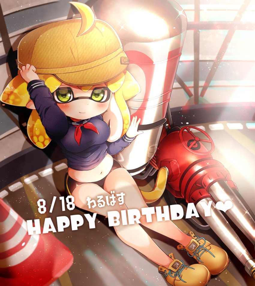 breasts green_eyes hat highres inkling md5_mismatch momosui navel red sailor_collar short_hair short_shorts shorts splatoon_(series) splatoon_2 weapon