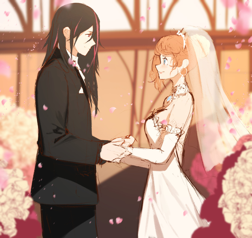 1girl black_hair blush breasts dishwasher1910 dress gloves green_eyes highres lie_ren long_hair nora_valkyrie orange_hair purple_eyes rwby short_hair smile wedding wedding_dress