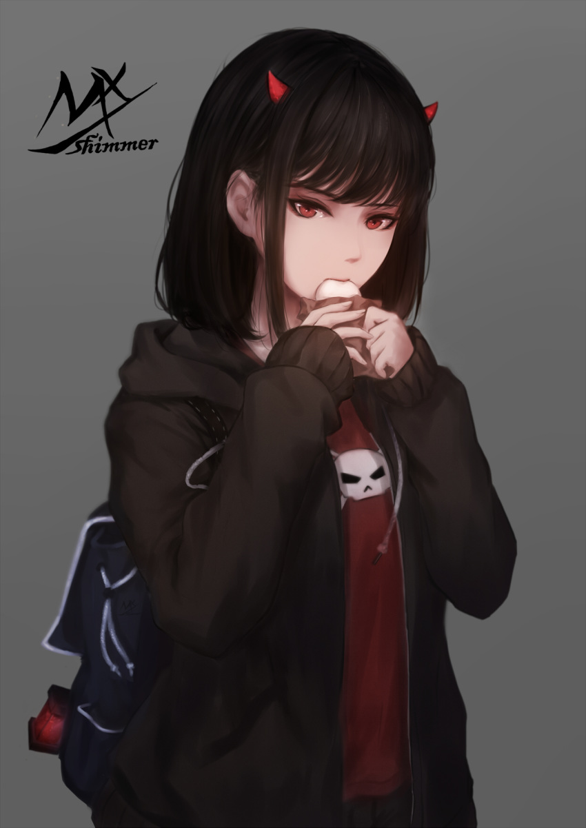 artist_name backpack bag bag_charm bangs black_hair black_jacket charm_(object) drawstring eating food grey_background hands_up highres holding holding_food hood hood_down hooded_jacket horns jacket long_sleeves looking_at_viewer medium_hair open_clothes open_jacket original print_shirt red_eyes red_shirt shimmer shirt simple_background skull_print sleeves_past_wrists solo upper_body wrapper