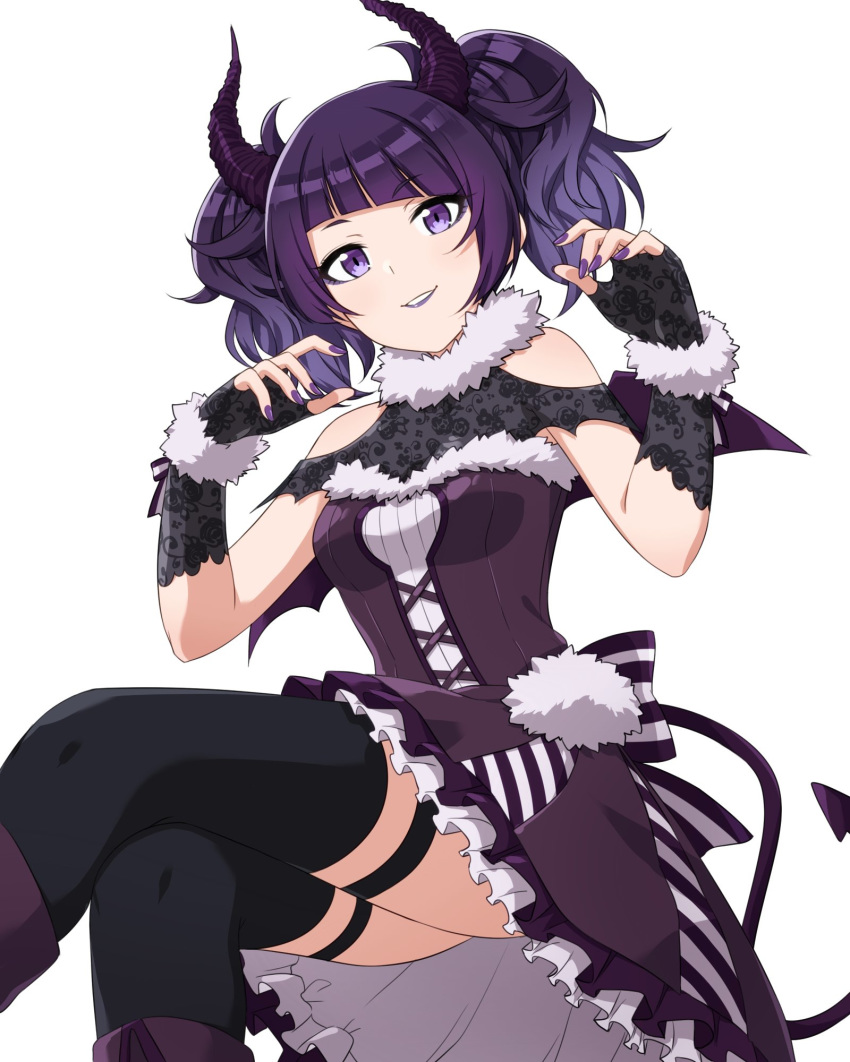 bangs bat_wings black_legwear claw_pose commentary crossed_legs demon_horns demon_tail diagonal_bangs dress fingerless_gloves fur_trim gloves highres horns idolmaster idolmaster_shiny_colors looking_at_viewer nagami_tami nail_polish parted_lips purple_eyes purple_hair short_twintails sitting tail tanaka_mamimi thighhighs twintails wings