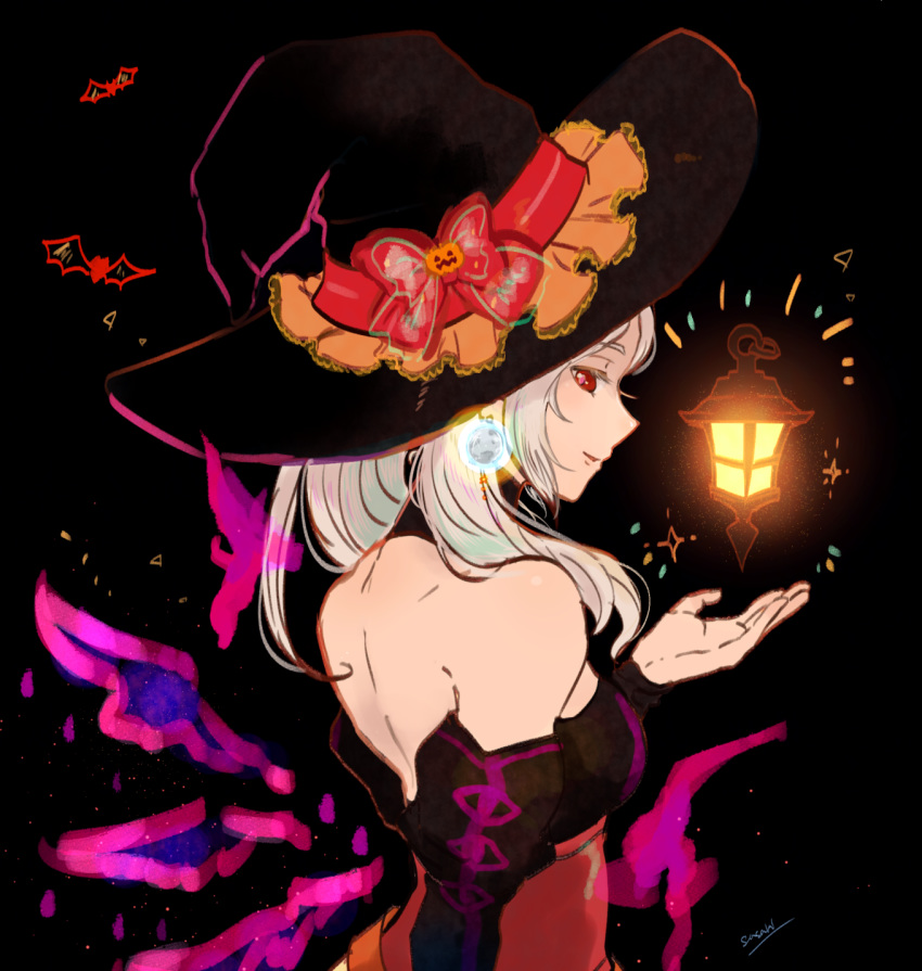 black_background bow commentary_request female_my_unit_(fire_emblem:_kakusei) fire_emblem fire_emblem:_kakusei fire_emblem_heroes from_side gimurei halloween_costume hat hat_bow highres lantern looking_to_the_side my_unit_(fire_emblem:_kakusei) parted_lips red_bow red_eyes sasaki_(dkenpisss) signature simple_background solo white_hair witch_hat