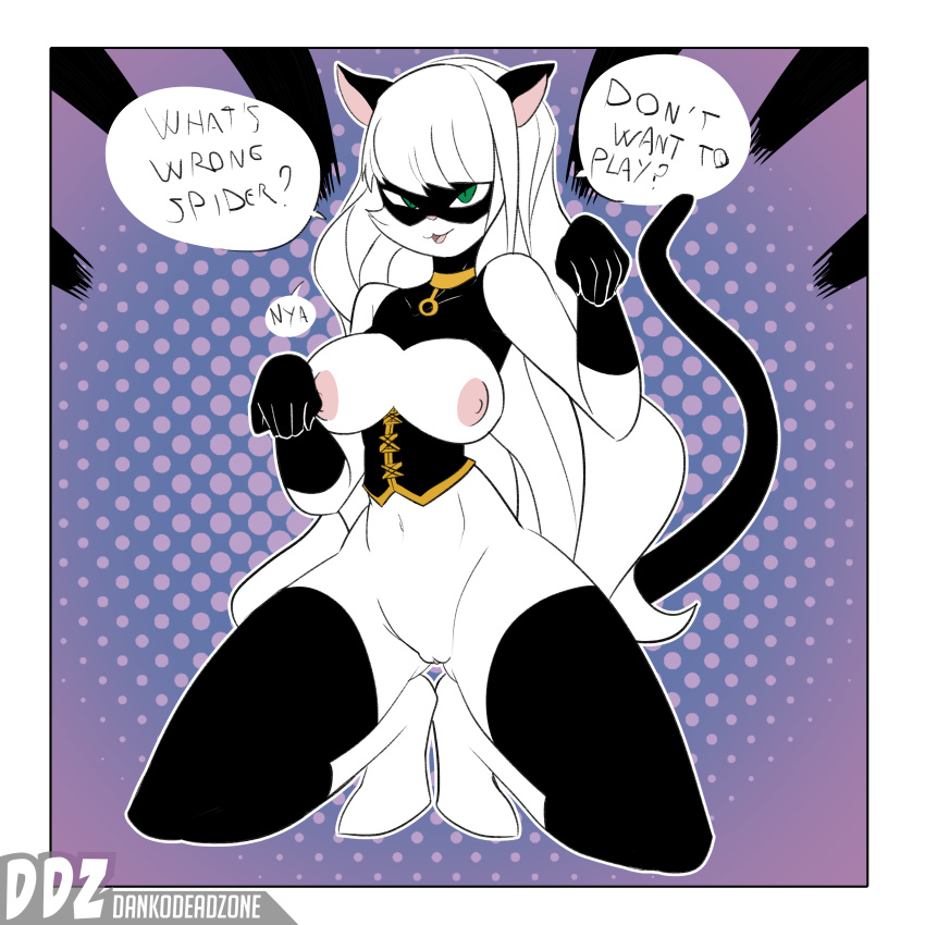 2019 absurd_res anthro black_cat_(spider-man) breasts clothing dankodeadzone english_text felid feline female fur gloves green_eyes hair hi_res kneeling legwear looking_at_viewer mammal marvel navel nipples open_mouth paw_pose pussy solo spider-man_(series) text thigh_highs white_fur white_hair