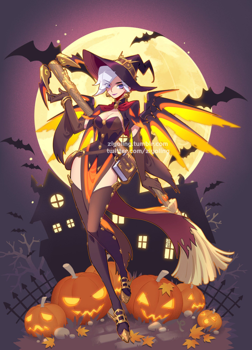 alternate_costume backlighting bad_anatomy bare_tree bat behind_back breasts broom cleavage earrings elbow_gloves fence full_body full_moon gloves gold_trim halloween halloween_costume hat highres holding holding_broom jack-o'-lantern jewelry long_legs mansion mechanical_wings mercy_(overwatch) moon moonlight narrow_waist night night_sky outdoors overwatch purple_eyes sky slim_legs solo source_request thighhighs tree tumblr_username twitter_username watermark white_hair window wings witch witch_hat witch_mercy yellow_moon ziyo_ling