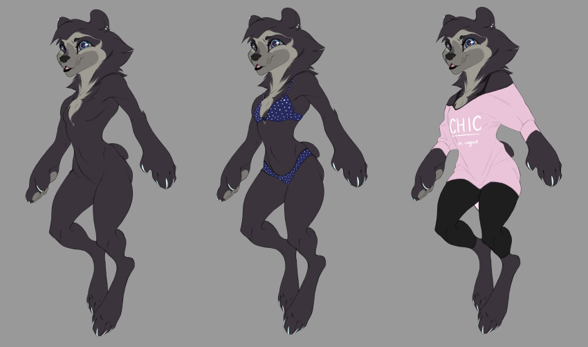 2016 4_toes 5_fingers absurd_res anthro barefoot bear bikini biped black_bottomwear black_clothing black_fur black_lips black_markings black_nose black_tail blue_clothing blue_eyes blue_topwear bottomwear bra breasts chest_tuft claws clothed clothing digital_drawing_(artwork) digital_media_(artwork) digitigrade ear_piercing eye_markings eyebrows eyelashes facial_markings fangs featureless_breasts featureless_crotch female full-length_portrait fur fur_tuft grey_background grey_eyes grey_fur grey_markings grey_pawpads grey_sclera handpaw head_tuft hi_res mammal markings midriff multicolored_eyes multicolored_fur multiple_versions muzzle_(marking) muzzle_scabs neck_tuft nude off/on open_mouth open_smile orange_eyes oversized_clothing oversized_shirt pattern_clothing pawpads paws piercing pink_clothing pink_tongue pink_topwear pon-ee portrait short_tail simple_background small_breasts smile snout solo spectacled_bear spots spotted_clothing suspended_in_midair sweatpants swimsuit toe_claws toes tongue tuft two_tone_fur underwear white_claws white_spots