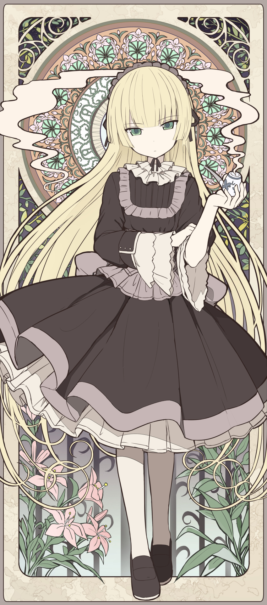 absurdres art_nouveau bangs blonde_hair blunt_bangs brown_dress brown_footwear commentary_request dress eyebrows_visible_through_hair flower frilled_shirt_collar frills full_body gosick greatmosu green_eyes hand_up head_tilt highres holding holding_pipe loafers long_hair long_sleeves pantyhose pink_flower pipe pleated_dress shoes sidelocks smoke solo standing thorns very_long_hair victorica_de_blois white_legwear wide_sleeves