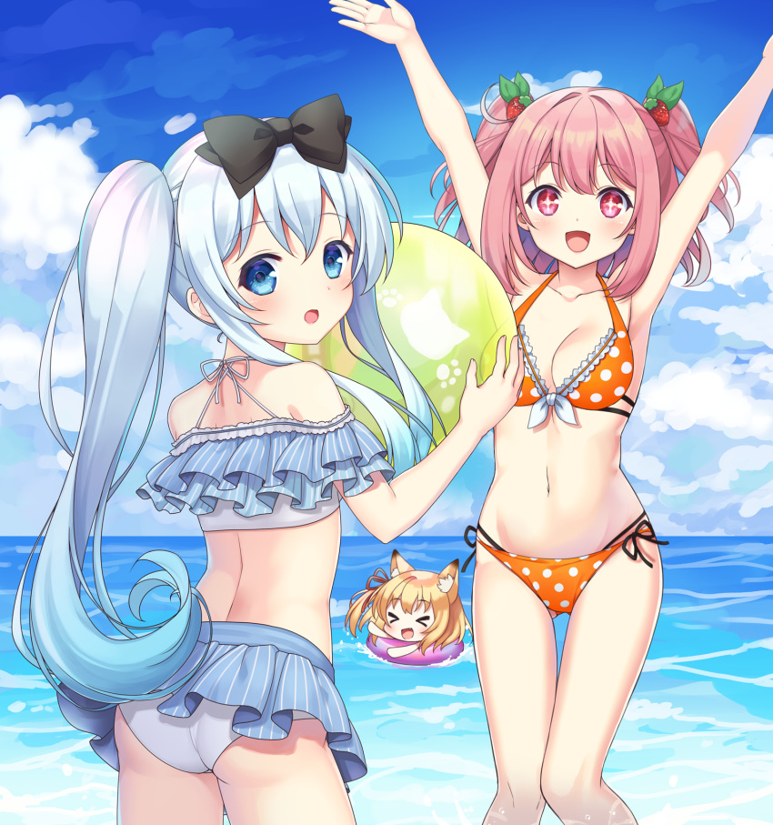 &gt;_&lt; animal_ears armpits arms_up ass bikini bikini_skirt black_bow black_ribbon blonde_hair blue_eyes blue_hair blue_skirt blue_sky bow breasts cleavage cloud cowboy_shot day eyebrows_visible_through_hair fox_ears gradient_hair groin hair_between_eyes hair_bow hair_ornament hair_ribbon highres innertube long_hair looking_back medium_breasts miniskirt multi-strapped_bikini multicolored_hair multiple_girls navel ocean orange_bikini original outdoors pink_eyes pink_hair pleated_skirt polka_dot polka_dot_bikini red_ribbon ribbon side-tie_bikini side_ponytail silver_hair skirt sky standing striped swimsuit twintails two-tone_hair vertical-striped_skirt vertical_stripes white_bikini yatsuki_yura