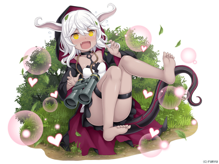 :d @_@ animal_ears barefoot binoculars blush breasts bush company_name convenient_leg dark_skin full_body grass hair_between_eyes hand_up knees_up leaf lizard_tail monmusu_harem namaru_(summer_dandy) official_art open_mouth outdoors pointy_ears sitting small_breasts smile solo surprised tail thigh_strap white_background white_hair yellow_eyes