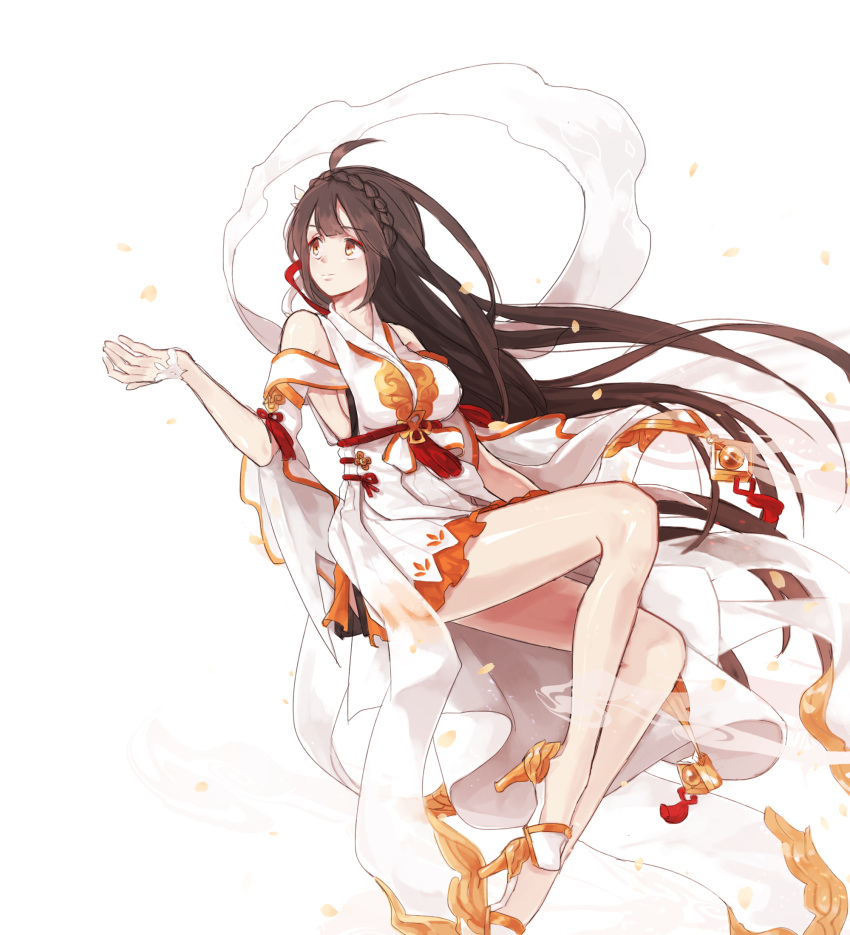 apsara_(elsword) ara_han black_hair braid breasts elsword eyebrows_visible_through_hair highres inna long_hair petals sideboob silk_sheet smoke_trail very_long_hair white_background yellow_eyes