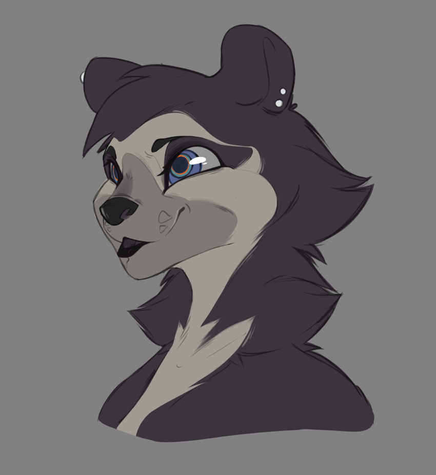 2016 anthro bear black_fur black_lips black_markings black_nose blue_eyes digital_drawing_(artwork) digital_media_(artwork) ear_piercing eye_markings eyebrows eyelashes facial_markings female fur fur_tuft grey_background grey_fur grey_markings grey_sclera head_tuft headshot_portrait hi_res mammal markings multicolored_fur muzzle_(marking) muzzle_scabs neck_tuft open_mouth open_smile orange_eyes piercing pon-ee portrait simple_background smile snout solo spectacled_bear tuft two_tone_eyes two_tone_fur