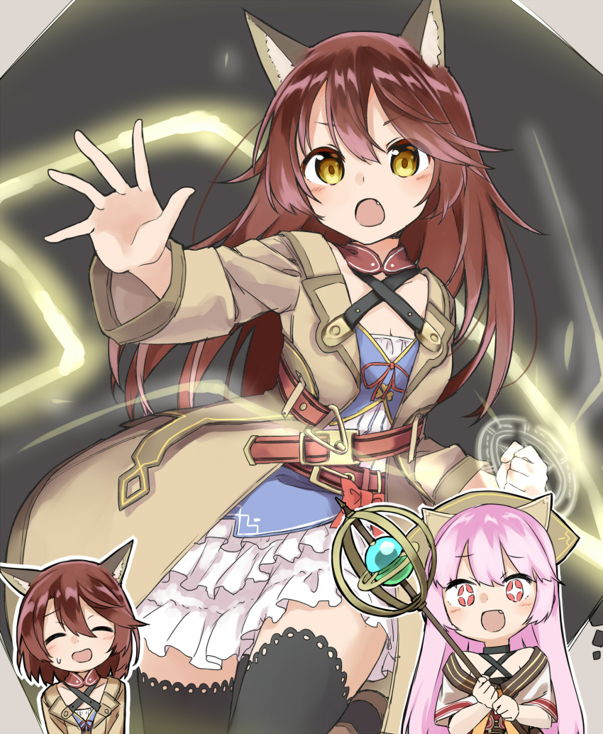 3girls :d :o ^_^ amane_rosylily animal_ear_fluff animal_ears bangs bare_shoulders black_choker black_legwear blush bow breasts brown_coat brown_eyes brown_hair capelet choker cleavage clenched_hand closed_eyes coat collarbone commentary_request criss-cross_halter dress eyebrows_visible_through_hair fang fiola_ariete fox_ears hair_between_eyes halterneck head_scarf highres holding holding_staff long_hair long_sleeves magic multiple_girls open_clothes open_coat open_mouth orb original pink_hair red_bow red_eyes sekira_ame small_breasts smile staff thighhighs two-handed very_long_hair white_capelet white_dress