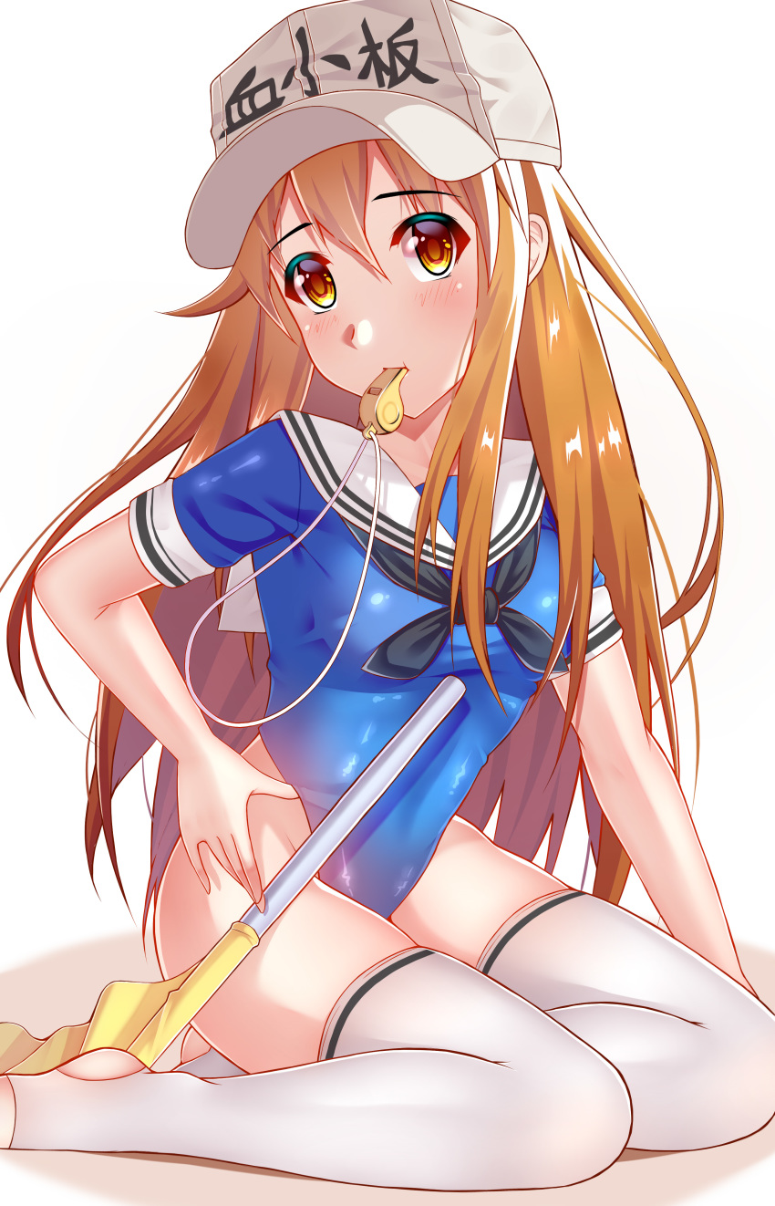 absurdres baseball_cap blue_leotard brown_eyes brown_hair cmcqc commentary_request flag hand_on_hip hat hataraku_saibou highleg highleg_leotard highres leotard long_hair mouth_hold older platelet_(hataraku_saibou) sitting solo thighhighs whistle white_legwear